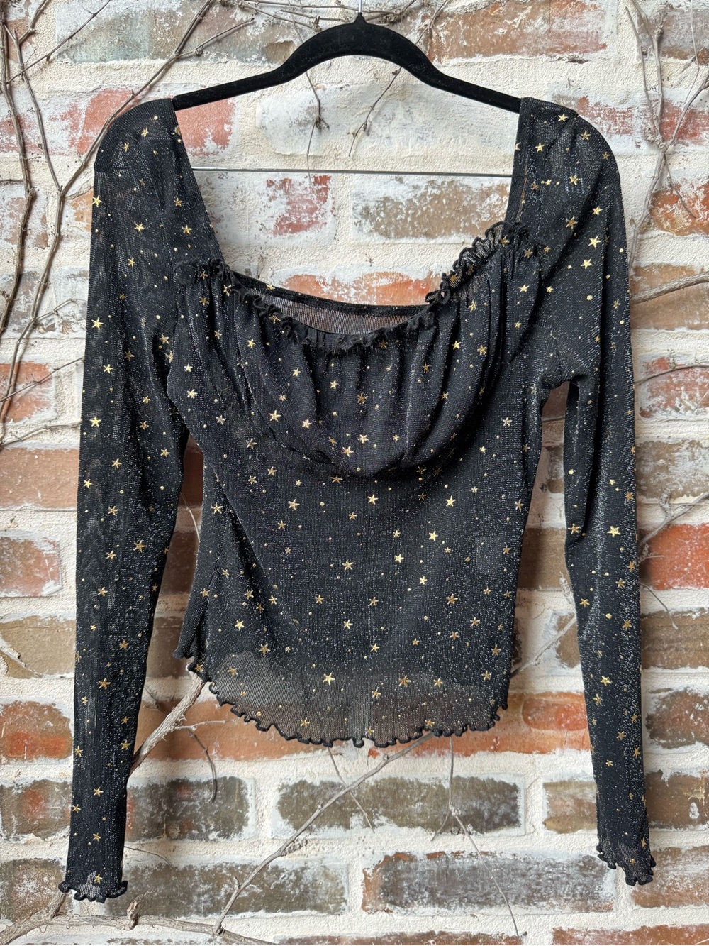 ** ✨ SHEIN Black & Metallic Gold Star Print Mesh Top ✨**